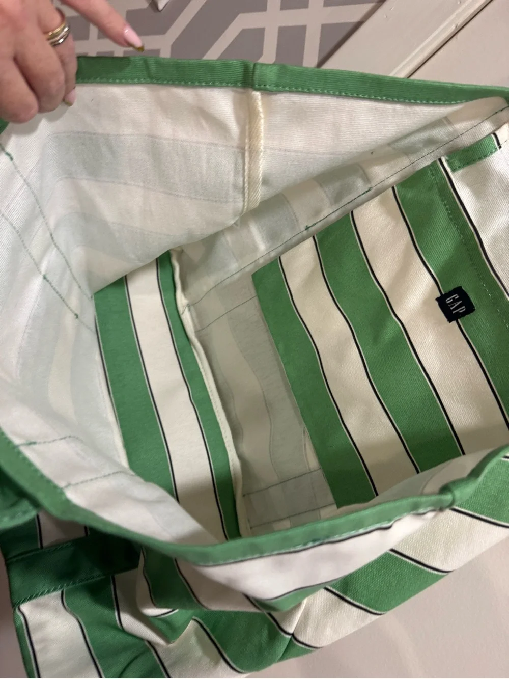 NWT GAP Green and White Striped Canvas Tote with Interior Pocket